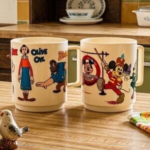 Vintage Popeye‎ and Mickey Mouse DEKA Plastic Mug Set Stackable Collectible